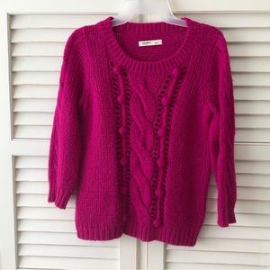 Magenta Pink Sweater Pullover Cable Knit Pom Pom Small Petite 3/4 Sleeve